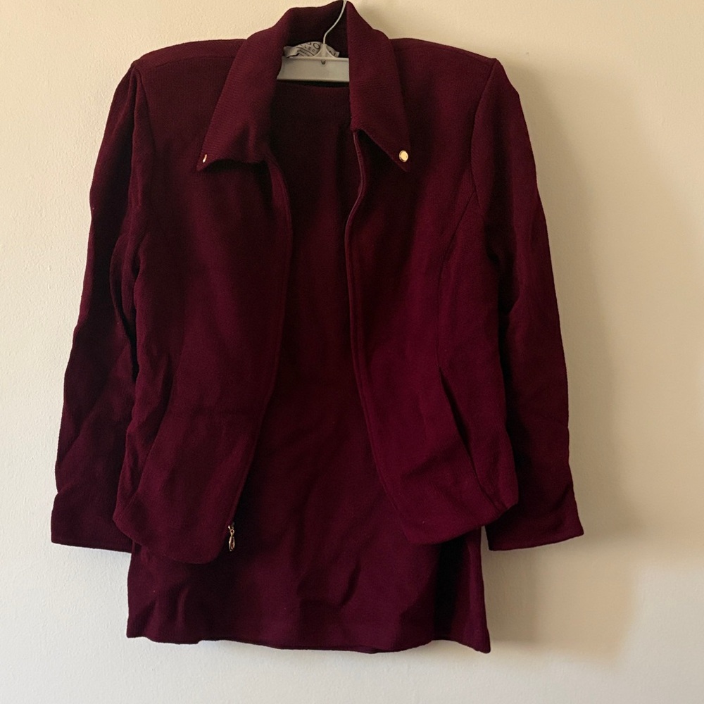 St. John Deep Burgundy Zip-Front Blazer Skirt Set